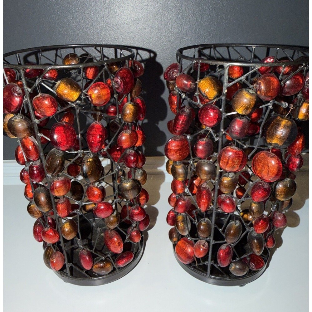 Candle Holder Vase Red Brown Glass Bead Table 5x10 Set of 2 Boho Art Colorful